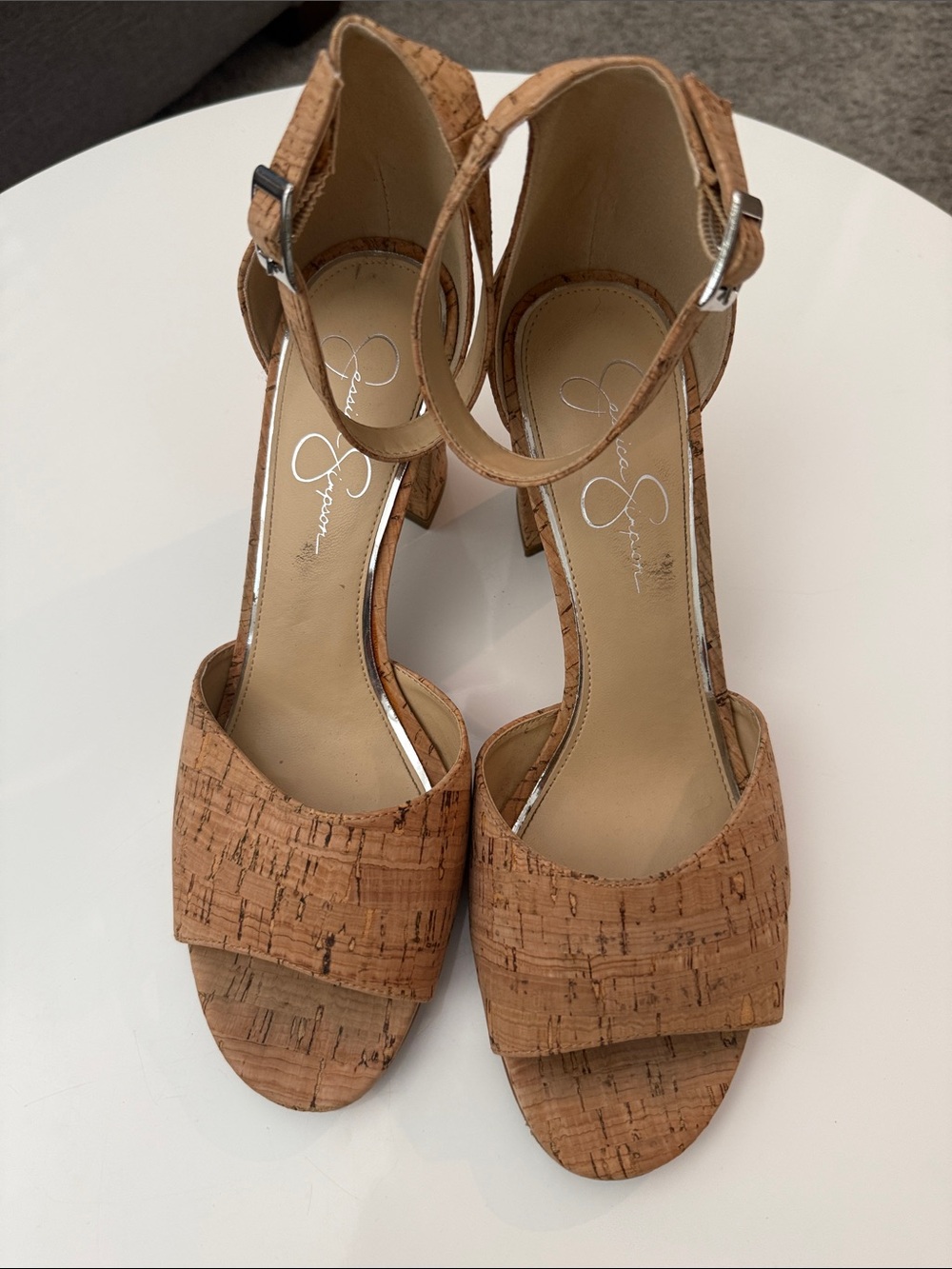 Jessica Simpson Cork-Textured Tan Block Heel Sandals